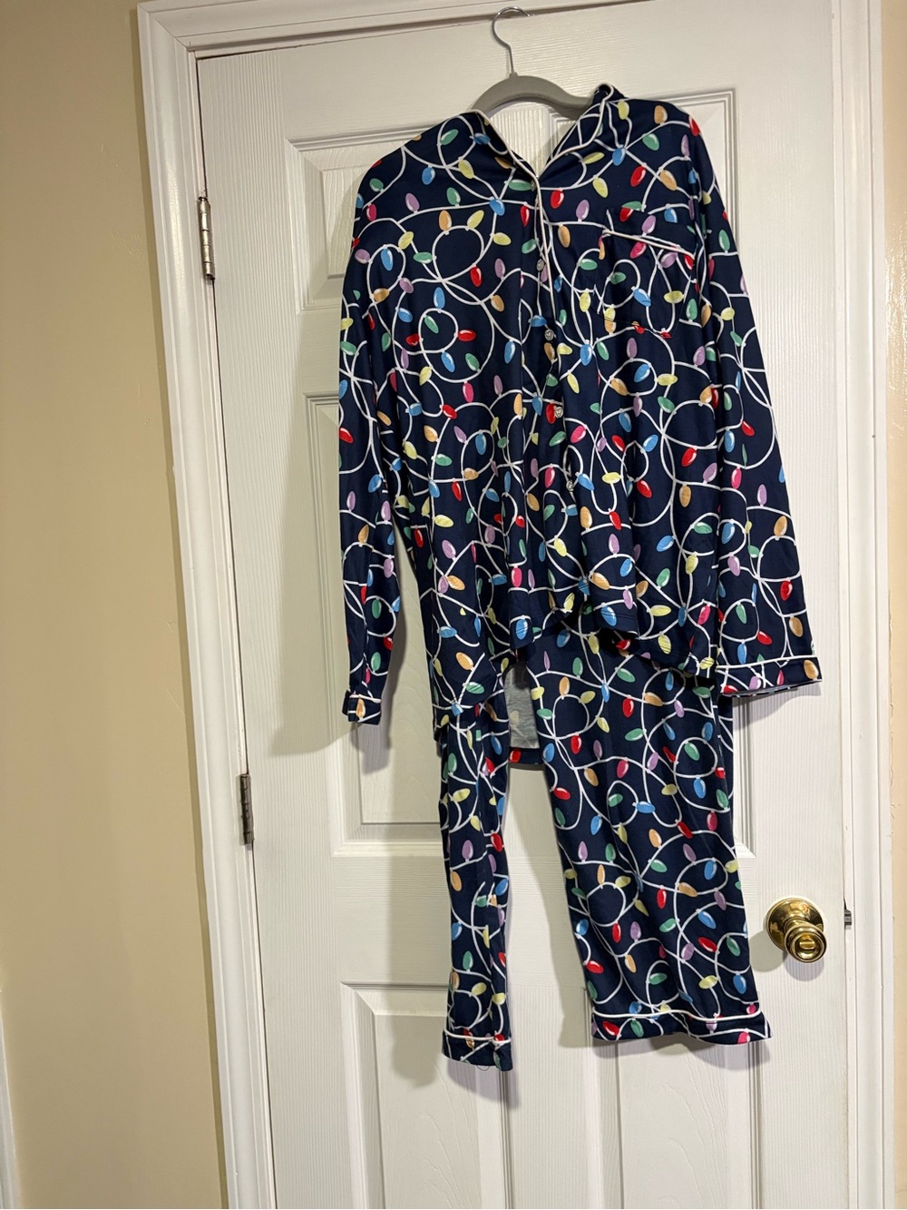 Women's Navy Blue Holiday Light-Print Pajama Set